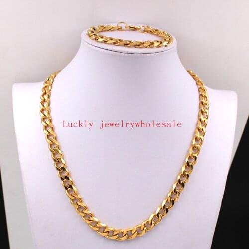 High Quality Gold Stainless Steel Jewlery Set Fashion Curb Link Chain Necklace & Bracelet Set for Men women