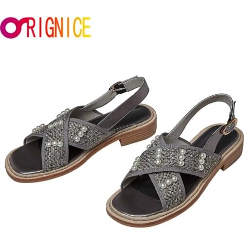 Orignice 2021 New Summer Leisure Slingback Sandals Women Open Toe Woven Pearl Decoration Flat Bottom Fashion Vacation Shoes