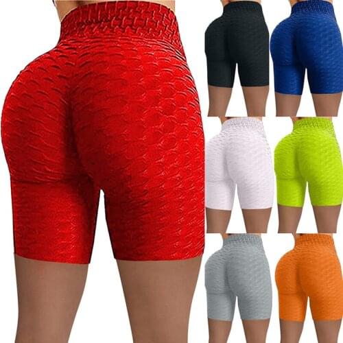 Womens High Waist Breathable Yoga Shorts Sexy Hip Hip Sports Jacquard Bubble Yoga Pants Five-Point Stretch Shorts Tight Legging
