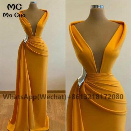 Yellow 2021 A-Line Evening Prom Dresses Deep V-Neck Womens Evening Dress Satin Pregnant woman Prom Dress Customized