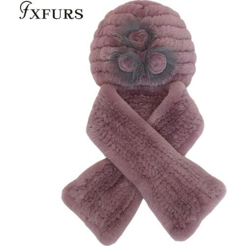 2020 Knitted Rabbit Fur Hats Scarves Set Winter Genuine Natural Fur Cap with 3 Flower Stripes beanies scarf Warm Beanie Snow Cap