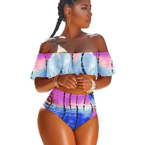 2021 Split off-Shoulder Plus Size Swimwear High Warist Ruffles Gradient Conservative Bikini European and American Swimsuit