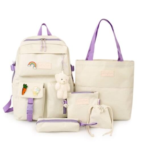 2021 Fashion Plush Pendant Large Capacity SchoolBag 5 Piece Set Backpack For Teenagers Boy Girl Kids Canvas Bookbag