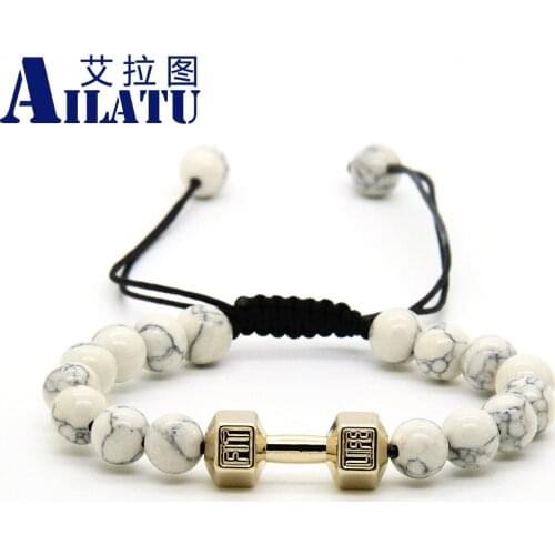Ailatu Wholesale 8mm White Howlite Stone with Metal New Barbell Fitness Dumbbell Macrame Bracelets