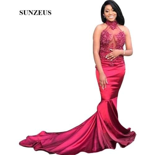 Beaded Appliques High Neck Prom Dress Mermaid Wine Red Satin Long Party Gowns Vestido De Gala