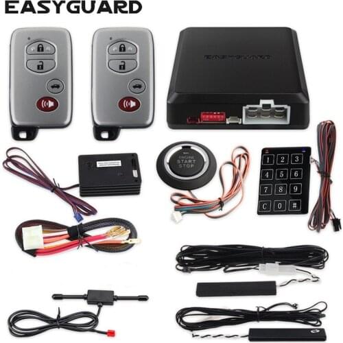 EASYGUARD auto lock unlock car alarm hopping code remote engine start starter push start button password entry shock alarm DC12V