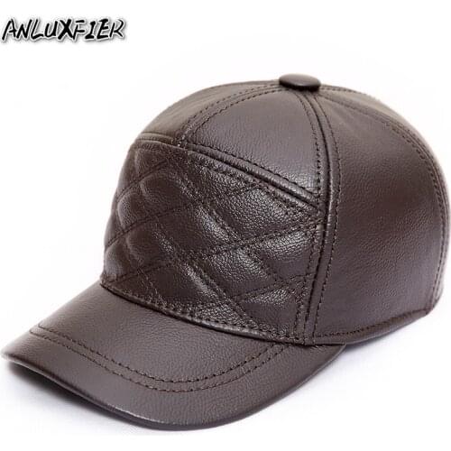 B-9481 Mens Genuine Leather Baseball Cap Male Ear Protection Baseball Hat Adjustable Embroidered Hat Fashion Golf Cap