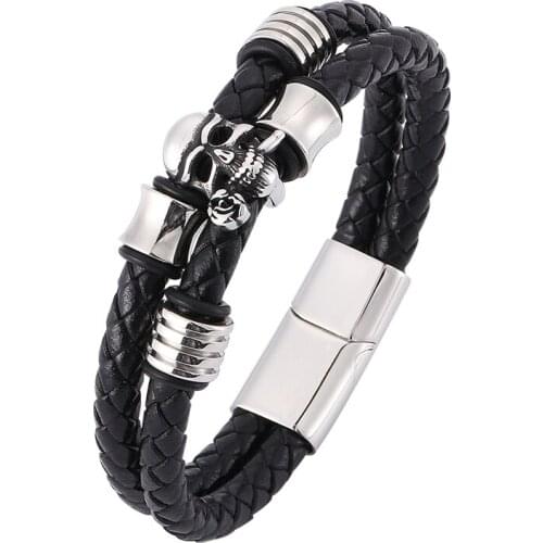 New Punk Men Jewelry Double Leather Braided Bracelet Men Stainless Steel Flower Skull Bracelet Trendy Male Wristband Gift SP0373