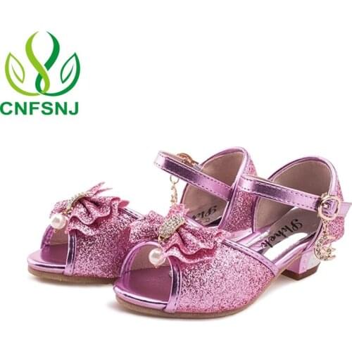 CNFSNJ Children Sandals For Girls High Heels Hot Sale New Children Shoes Baby Pink Gold SIlver Shoes Student Flower 26-37