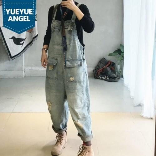 Vintage Loose Denim Jumpsuits Women Autumn Winter Ripped Hole Pocket Cowgirl Overalls Streetwear Casual Trousers Female M L