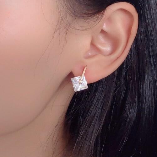 Metallic Square Round Golden Geometry Zircon Heart Hollow Copper Stud Earrings for Women
