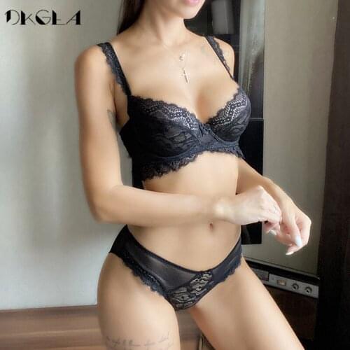 Fashion Lady Sexy Bra Set Plus Size Brassiere Transparent Underwear Lace Embroidery Brand Women Lingerie Set Ultrathin Black