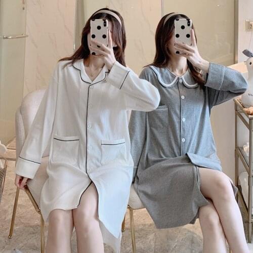 Korean Long Sleeve Cotton Nightgowns for Women New Autumn Cardigan Loose Sleepwear Femme Home Dress Night Gown Nightdress Nighty