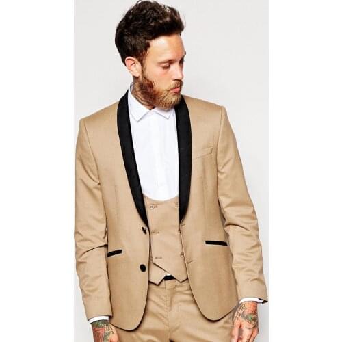 New Design Two Buttons Champagne Groom Tuxedos Shawl Lapel Groomsmen Mens Wedding Prom Suits (Jacket+Pants+Vest+Tie) NO:9