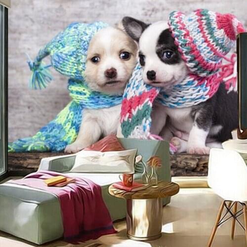 Custom 3D large mural,Two cute puppies with wool hat papel de parede ,living room sofa TV wall bedroom wall paper
