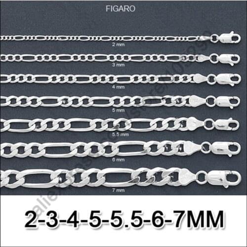 Wholesale Free Shipping 10PCS 7 Size2-7MM Necklaces 925 Sterling Silver Jewelry Figaro Link Chains Lobster Clasps