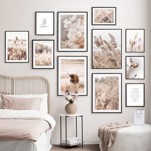 Autumn Landscape Canvas Poster Reed Dandelion Grass Cow Natural Painting On The Wall Art Pictures for Living Room Home Decor