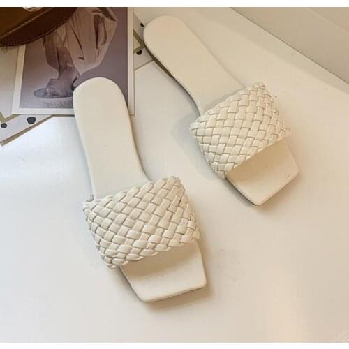 Fashion Weave Slippers Women Square Toe Flat Casual Shoes Women Slide 2021 Summer Flip Flops Beach Sandal Slipper Big Size 41 42