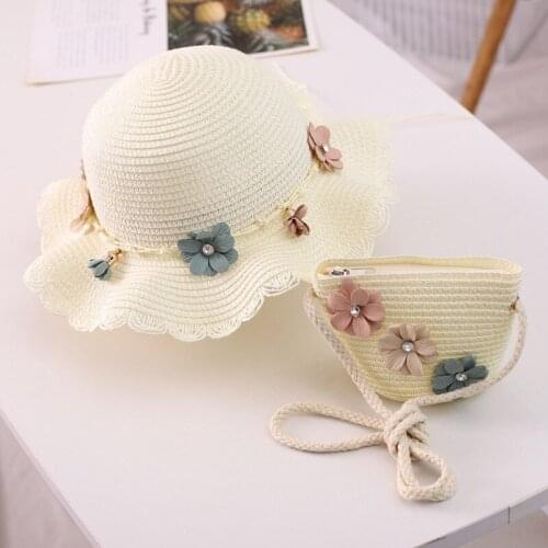 Kids Girls Wide Brim Straw Woven Sun Protection Beach Hat Flowers Summer Travel Bucket Cap Portable Handbag For Little Girls
