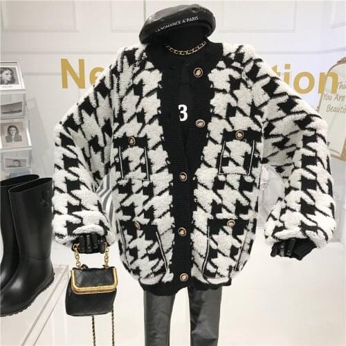 Niche Design Contrasting Houndstooth Plaid Knit Cardigan Jacket Womens Autumn/winter Korean Loose Medium And Long Thick Sweater