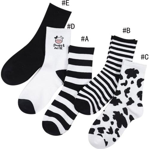 Funny Socks Striped Cow Print White Black Cartoon Sport Cozy Cute Girls Cotton Socks