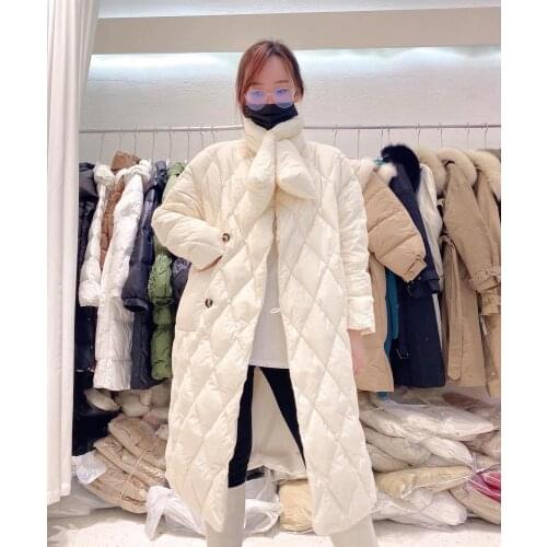 Diamond pattern black khaki beige blue outdoor jacket women 90% white down casual coats warm winter long parkas have scarf