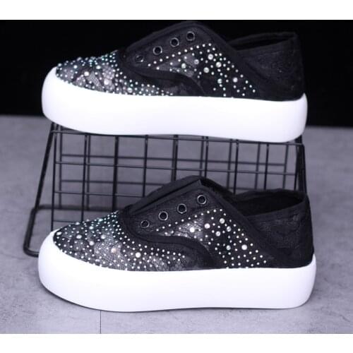 2021 Summer New Style Rhinestone Lace Canvas Shoes Womens Thick-soled Mesh Two Wearing Sneakers Shoes Pedal Lazy White Shoes