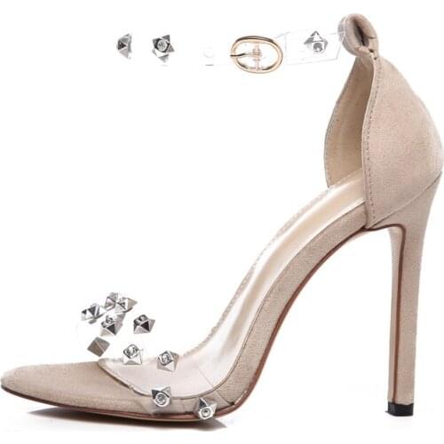 Women PVC Clear Crystal Concise Sandals Rhinestone Suede Leather High Heel Beige White Rivets Women Wedding Pumps Shoes