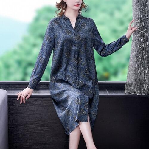 Spring Autumn Mulberry Silk Satin Casual Midi Dress Women Korean Vintage Print Shirt Dresses 2021 Elegant Bodycon Party Vestidos