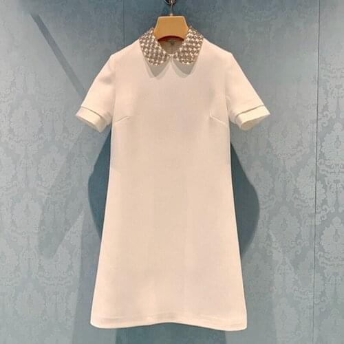 High-End Customization Women White Short Sleeve A-Line Dress Handmade Luxry Diamond OfficeLady Temperament Elegant 2021 Summer