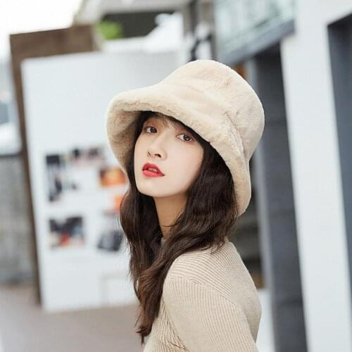 Winter Women Solid Color Flat Top Wide Brim Warm Plush Fisherman Hat Bucket Cap Outdoor Warm Soft Fisherman Caps Lady hats