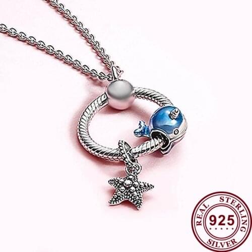 100% 925 Sterling Silver Sparkling Starfish And Narwhal Beaded Pan necklaces Most Popular Women