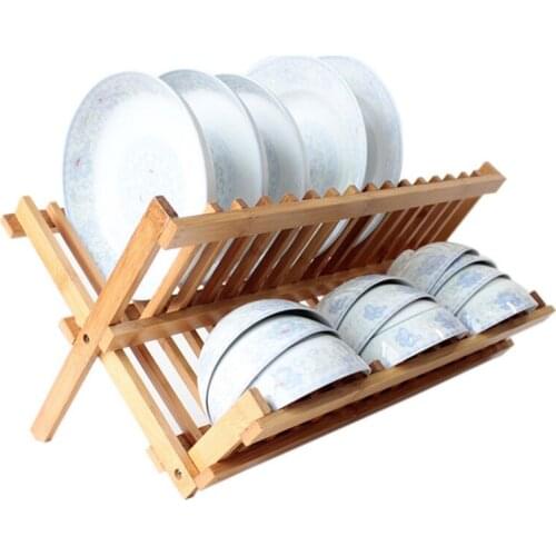 2 Tiers Bamboo Dish Rack Foldable Sink Bowl Dish Drainer Drying Rack Storage Holder Wooden Kitchen Supplies Organizer