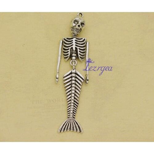 3pcs/lot--72x18mm, Antique silver plated Mermaid Skeleton charm,DIY supplies,Jewelry accessories
