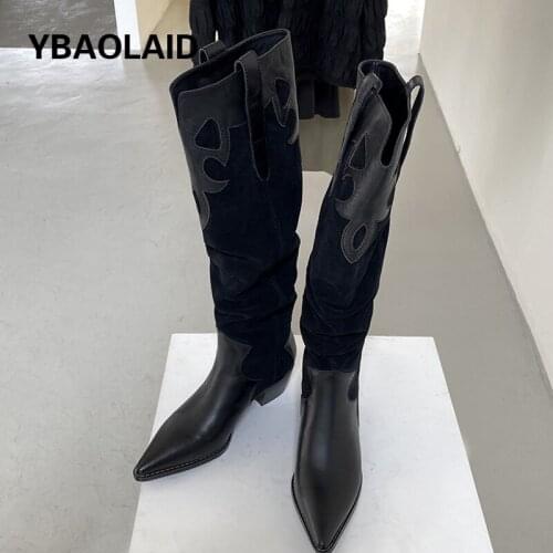 Pointed Cowhide V-sleeve Thick Heel Fashion Boots Autumn and Winter New Retro Color Matching High-tube Western Cowboy Boots