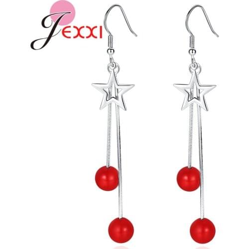 Fast Shipping Newest Good Quality Korean Earrings Novel Design Star & Red Bead Shape Drop Earrings For Women Dance Party