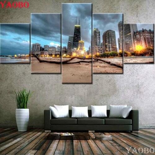 DIY Rhinestone Embroidery Diamond Painting 5 Pieces City Landscape 3D Cross-Stitch full square round Mosaic painting home decor