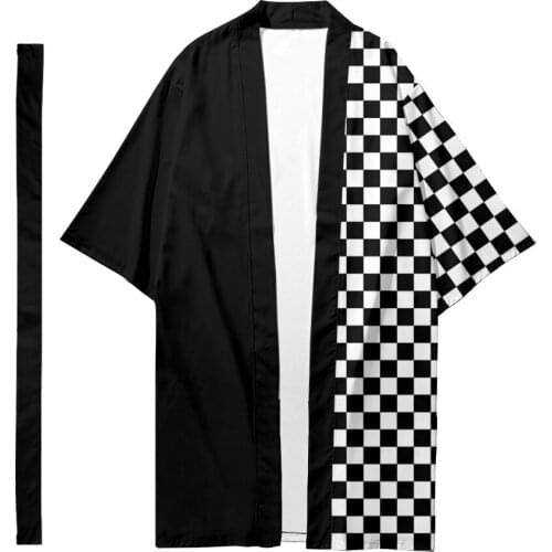 Checkerboard Splicing Printed Long Style Kimono Cardigan With Belt Japanese Couple Women Men Casual Asian Clothes Harajuku