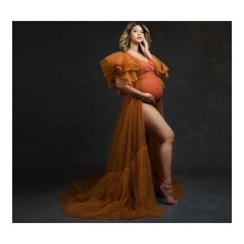 New In Tulle Maternity Dresses For Photo Shoot Floor Length Puffy Short Sleeves Open Front Ruffles With Train Pregnancy Gown Plu