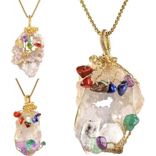 SUNYIK Natural Irregular Rock Quartz Geode Druzy Pendant,Handmade Copper Wire Wrapped Chip Stone Bead Reiki Pendant Fit Necklace
