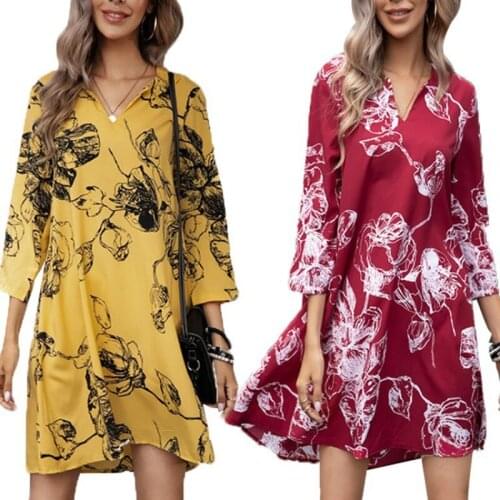 Casual Pullover V-neck T-shirt Short Dress Womens Wrist Sleeve Personality Printed Loose Oversized Fashion Autumn Ladies Dresses