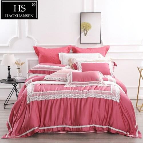 Luxury Red Lace Design Bedding Sets Soft Breathable 100% Tencel Lyocell 4 Piece Duvet Cover Set Queen King Size Princess Style