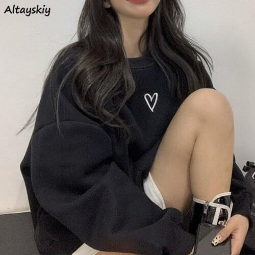 Hoodies Women Plus Velvet Loose Lazy Autumn New Korean Style Leisure O-Neck Long Sleeve Chic All-match Simple Ladies Sweatshirts