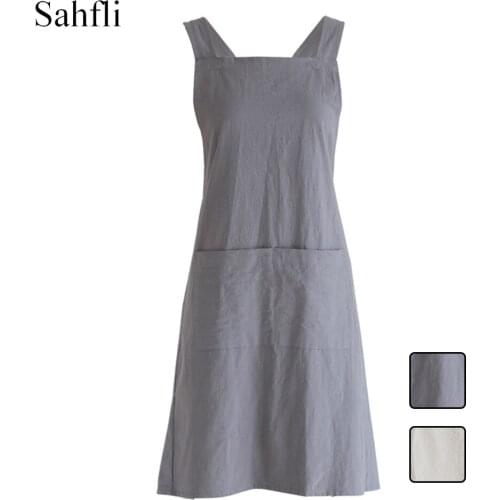 Japanese Simple Solid Color Cotton Sleeveless Apron for Adults with No Lacing and Widened Shoulder Straps Double Loading Pockets