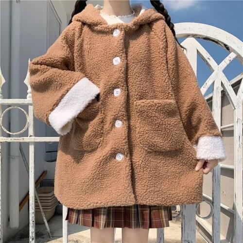 Japanese College Style Lambswool Coat Women Lolita Teddy Rabbit Ears Hooded Soft Girl Faux Wool Thick Plus Cotton Quilted Jacket