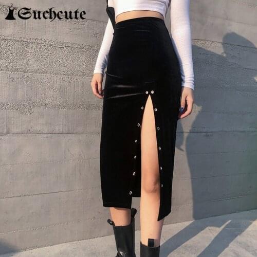 SUCHCUTE Sexy High Split Velvet Skirt For Women 2021 Streetwear High Waisted Party Clubwear Female Knee-Length Skirt Gothic