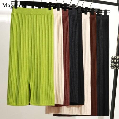 Autumn Winter Hip lift Knitted Skirt Women New Elastic High Waist Mid-Length Women Skirt Solid Pleated Skirts Womens 2021 10369