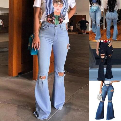 FNOCE 2020 new womens ripped jean pants fashion casual street solid high waist tight stretch hole slim full denim Flare Pants
