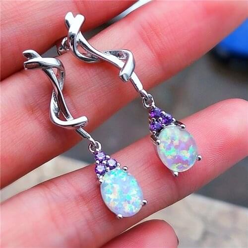 JUNXIN White Blue Fire Opal Drop Earrings For Women Purple Red Zircon White Gold Oval Stone Wave Dangle Earrings Wedding Jewelry