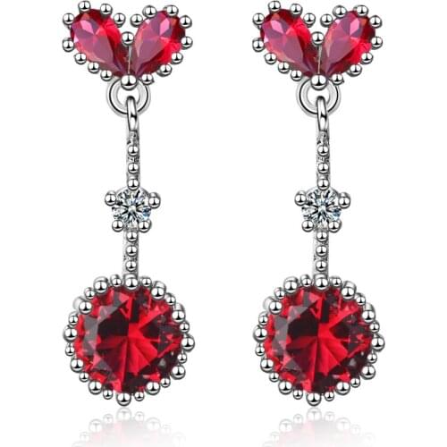 Utimtree New Women Red Crystal Statement Earrings Silver 925 Jewelry Fashion Heart Drop Earring for Wedding Party Brincos Gift